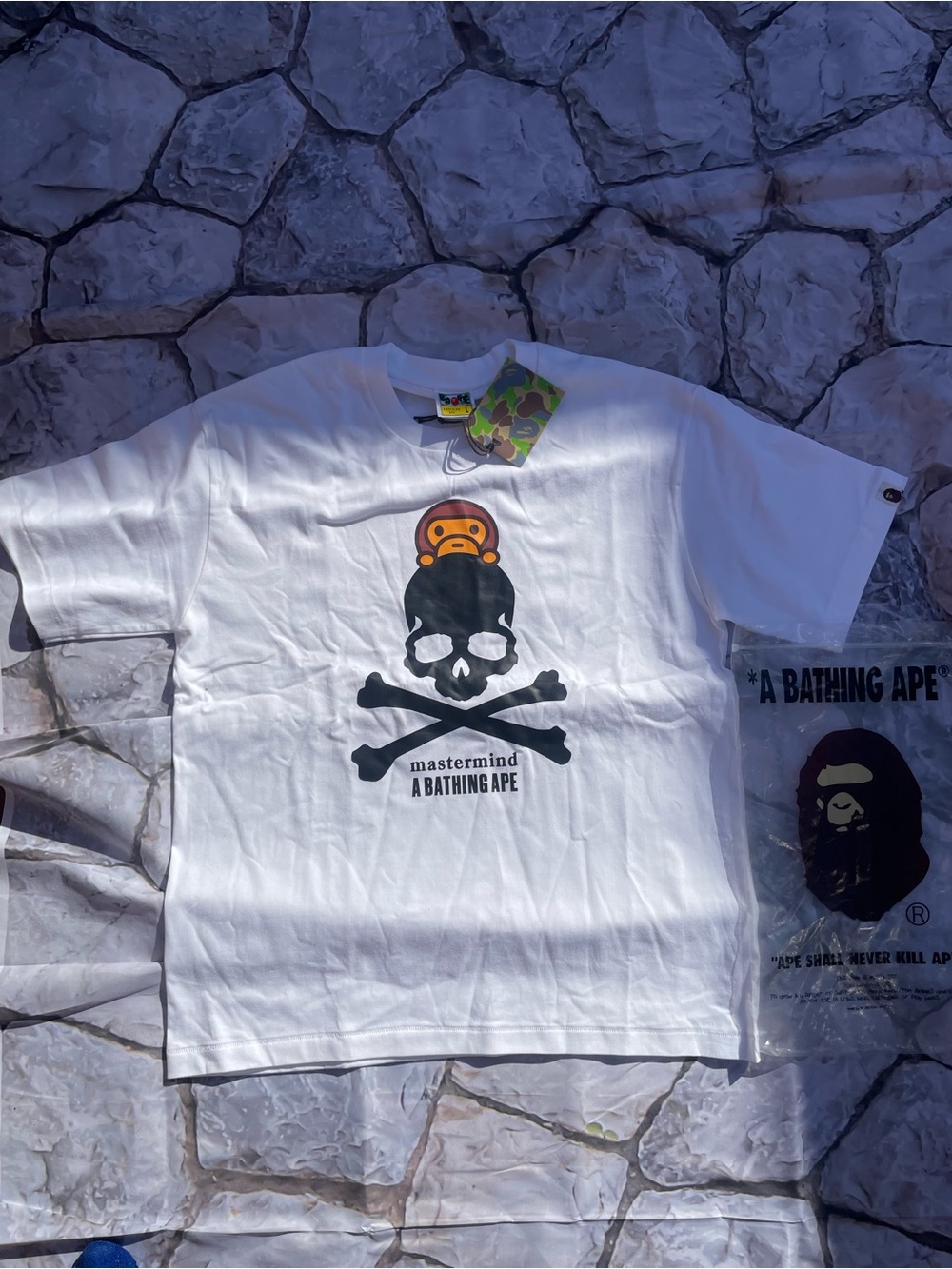 Bape White Tee with Black Skull and Ape Logo Men